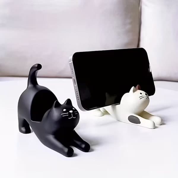 Udtrækkelig kattefigur, mønstret telefonholder formet som en kat, sort
