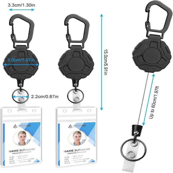 Black ABS Card Holder Retractable Keychain Wire Carabiner Outdoor Hiking