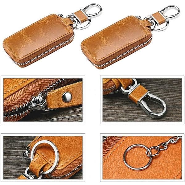 Leather Keychain, 1.57''x3.44'' Key Holder Key Ring Mini Key Pouch Multifunctional Security Bag for Men (Brown)