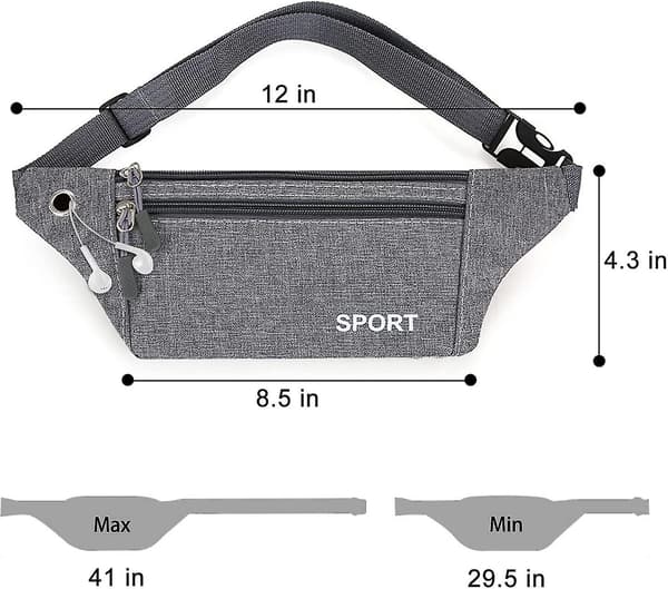Waterproof Waist Bag with Large Capacity and Adjustable Strap, Lightweight with Headphone Jack (Grey)