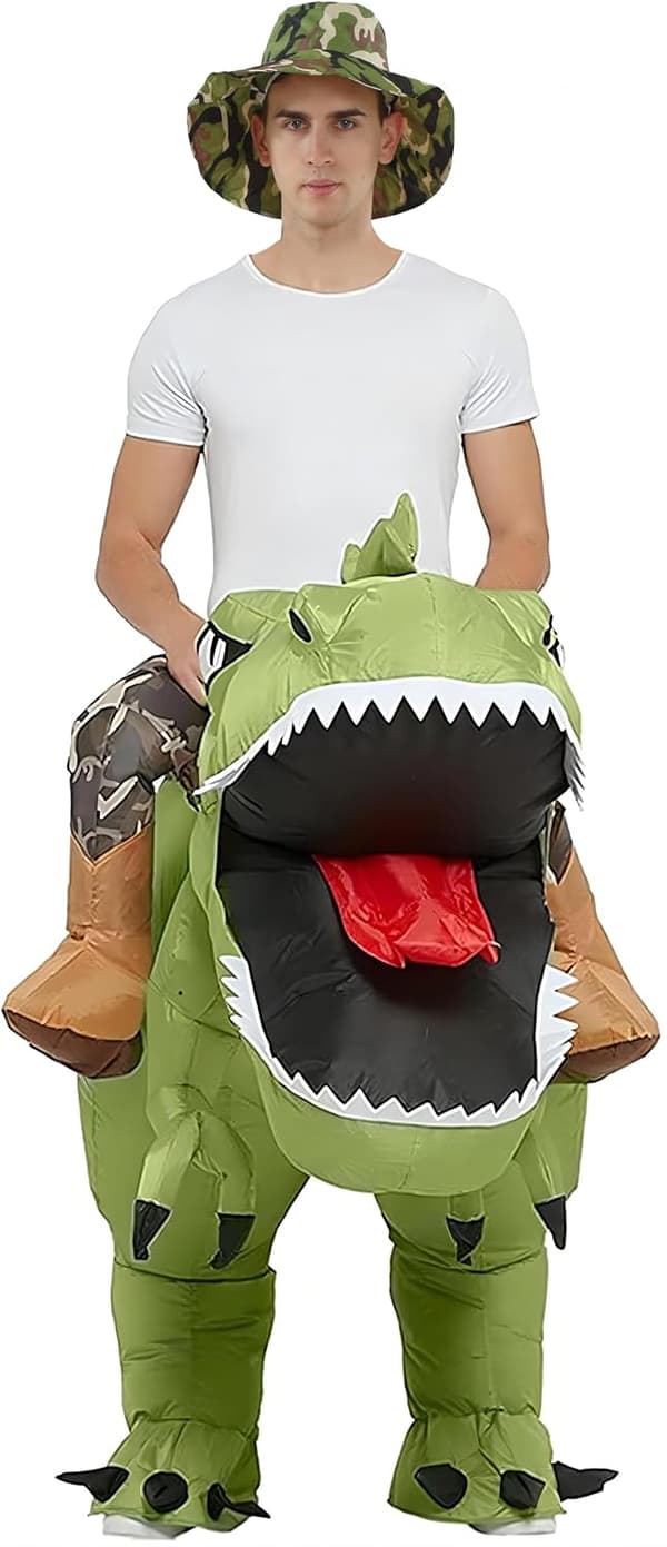 Oppblåsbar T-Rex dinosaurkostyme for voksne, 150-190 cm, polyester, 4 AA-batterier