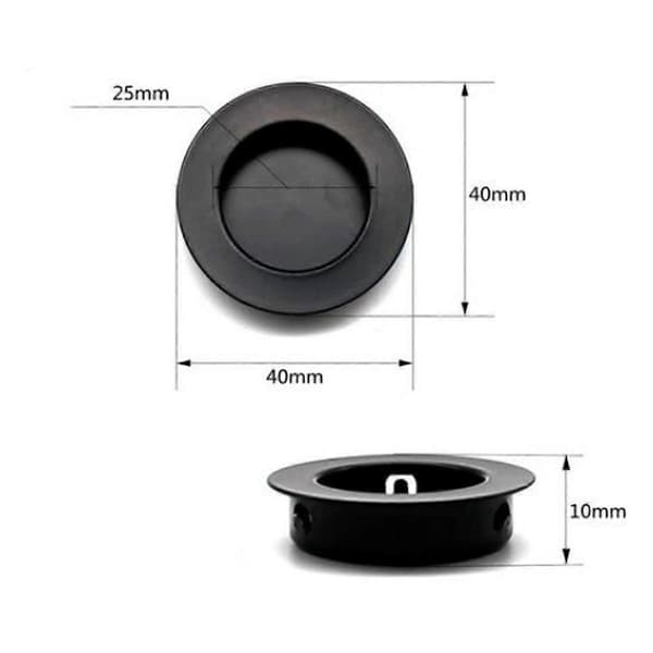 4 stk. Innfelte runde skyvedørshåndtak i sort rustfritt stål, 40 mm, hullavstand 25 mm