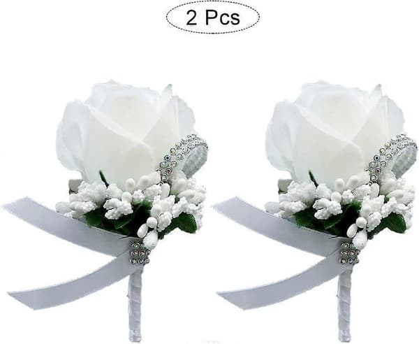 2 stk. Rose-corsage, knaphulsblomst, bryllups-boutonniere hvid rose