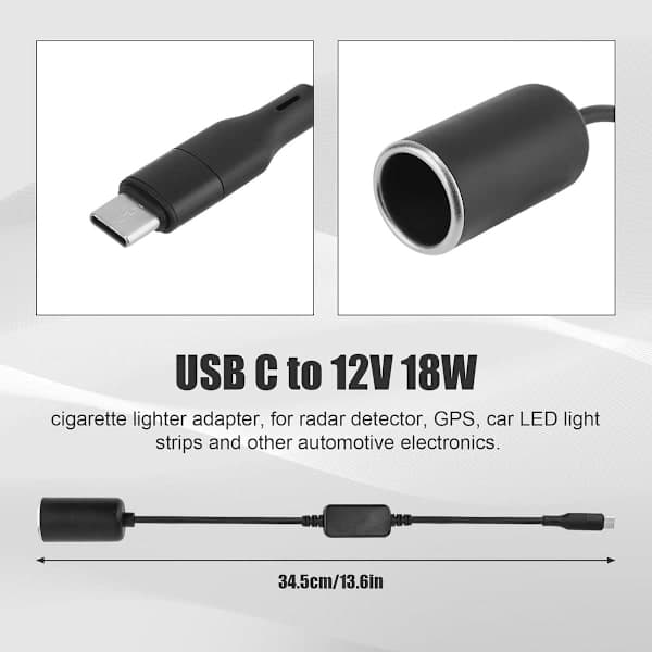 Allecto Plus, USB C biloplader 12V/18W til cigarettænder med strømkabel, biltilbehør til radaradvarsel, LED-belysning