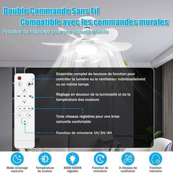 Ceiling fan with light and remote control - 52cm, 40W, dimmable LED, E27 socket, 6 blades, 3 speeds