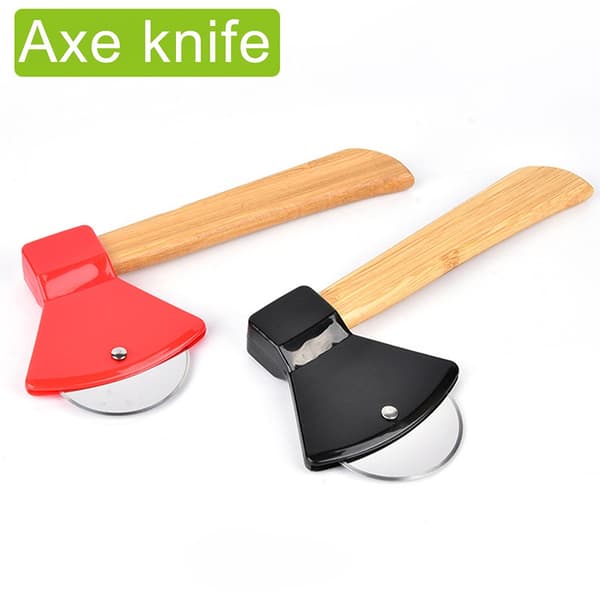 Pizza Cutter Axe with Bamboo Handle, Rotating Blade, Grater, Pizza Knife
