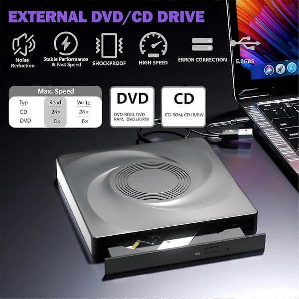 Ekstern CD/DVD-brænder, CD ROM DVD-afspiller Bærbar CD-læser til Laptop PC 11/10/7 Linux OS