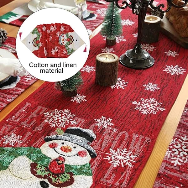 33*183cm Christmas Table Runner Red Cozy Christmas Decoration Embroidered Snowman Snowflake Pattern Dining Table Decoration