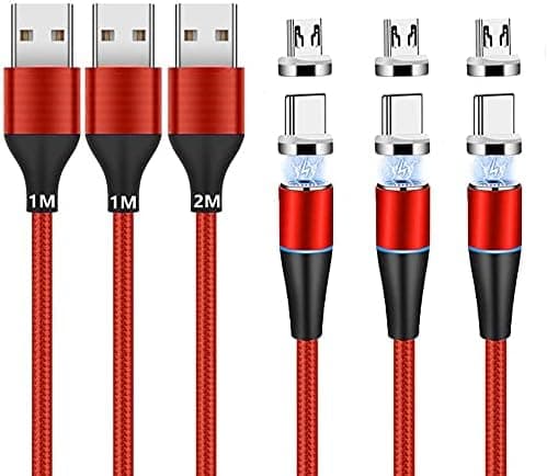 Magnetisk laddningskabel 3-pack (1 m + 1 m + 2 m) USB C/Type C/Micro USB 2-i-1 3A snabbladdning