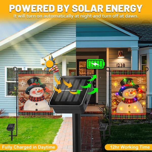 Opplyst vinterhageflagg 30x45 cm LED snømannflagg tosidig solcelledrevet utendørsdekorasjon