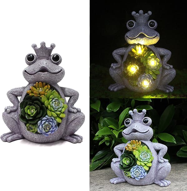 Solar Garden Statue, 17 cm Frog Figurine with Succulent and 4 LEDs