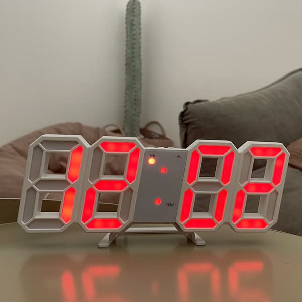 White 3D LED Wall Clock, Modern Digital Alarm Clock with 24 or 12 Hour Display