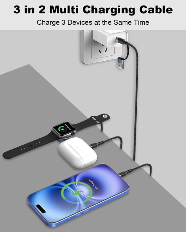3-i-1 laddkabel för Apple Watch och iPhone, 2 m USB-kabel