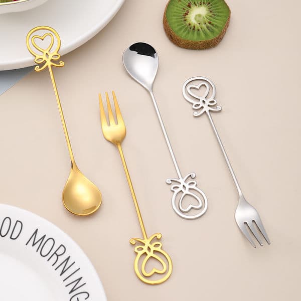 Octopus Heart Fork and Spoon Set, Dessert Fork and Spoon Small Cake Spoon, Stainless Steel Coffee Spoon (4 Pieces)