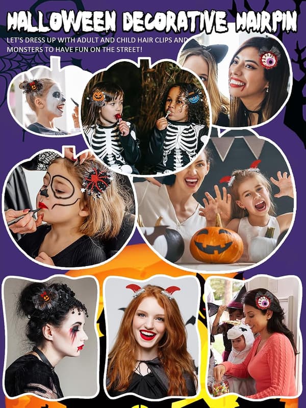 Halloween Hårspænder Sæt med 12 - Græskar Sløjfe Spøgelse Edderkop Djævlehorn Edderkoppespind 9x9,5 cm