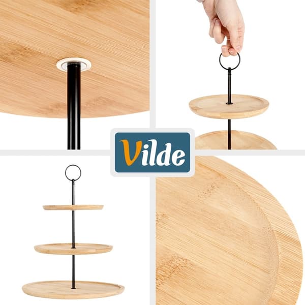 3-våningars tårtfat i bambu, 34 cm, svart metallhandtag
