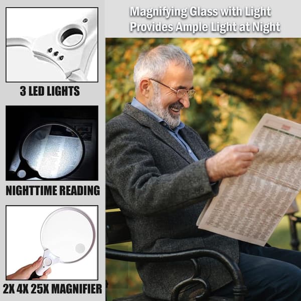Oplyst håndholdt forstørrelsesglas 2x 4x 25x med 3 LED-lys, ABS og akryl, til seniorer og læsning