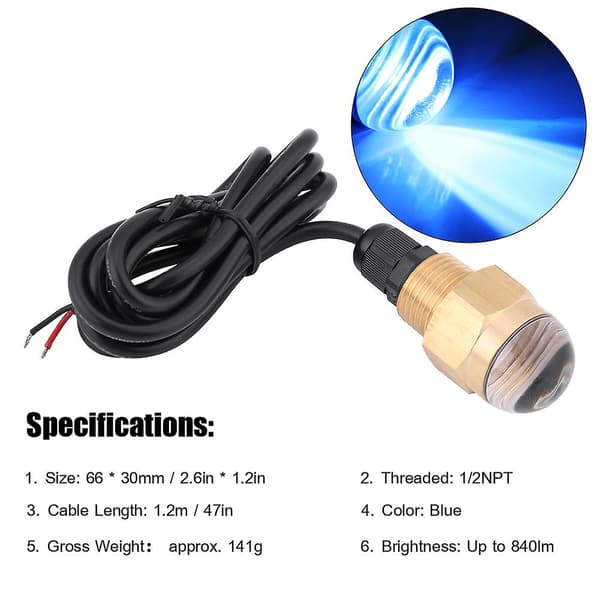 Marinebåt 12v Messing Glass Blå Led Undervannslys Dreneringsplugg 1/2 \" Npt Båttilbehør