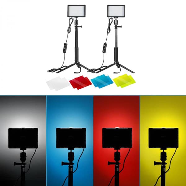 Justerbart USB LED-panel videolampesæt 5600K med 2 lamper, stativer og farvefiltre