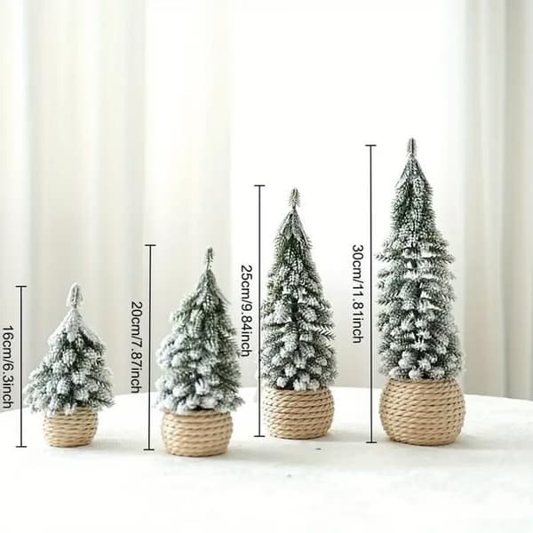 Mini Artificial Christmas Trees - IHABOR - 4-Piece Set - Snowy Branches - Linen Style Pots - 16-30 cm