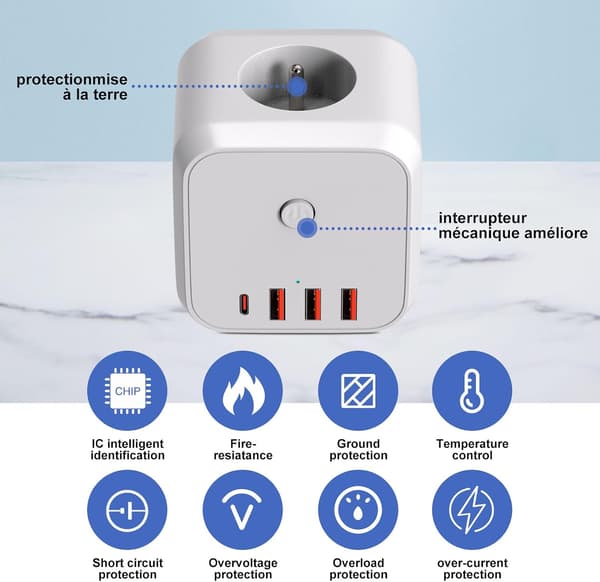 Terningformet stikkontakt-adapter 7-i-1 USB-lader 3 AC-uttak 4 USB-porter 4000W med strømbryter