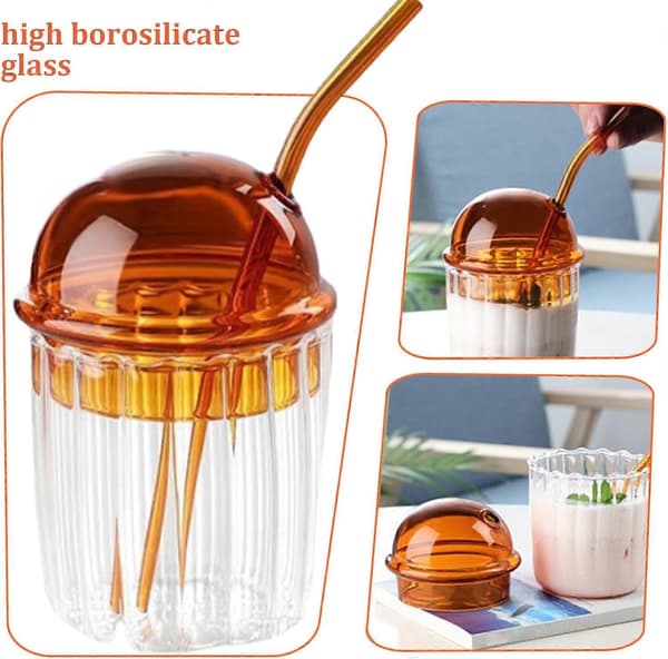 Iskaffeglas 450 ml borosilikatglas med sugerør og låg