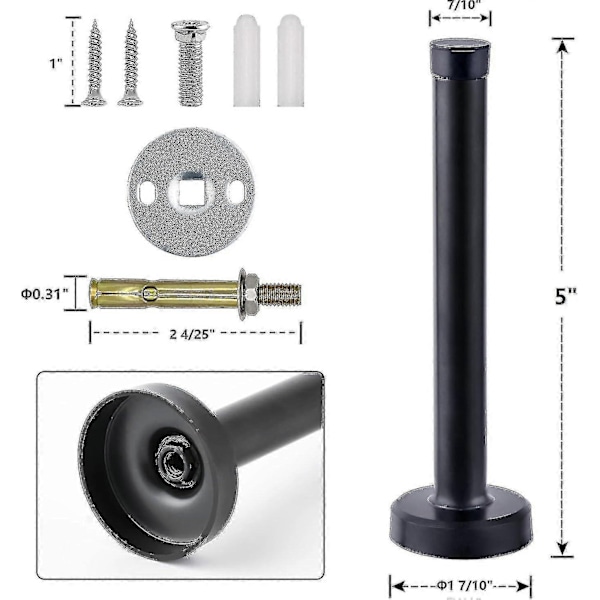Dørstopper, 15 cm lang dørstopper, veggmontert, kraftig solid svart dørstopper børstet rustfritt stål med myk gummiknott - Perfekt black 5 Inch*2