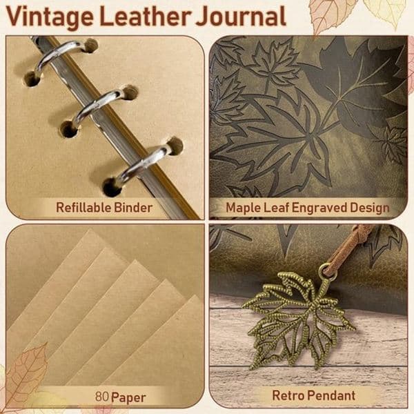 Vintage Leather Notebook A5 16.5x23.5 cm 80 Sheets Maple Leaf Pattern Blank Paper