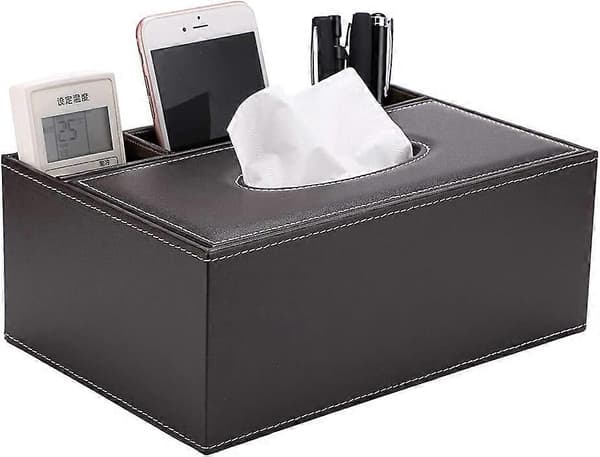 Rectangular Faux Leather Tissue Box with Remote Control Holder - Elegant and Stylish - Tissue Box for Home Office - Brown
