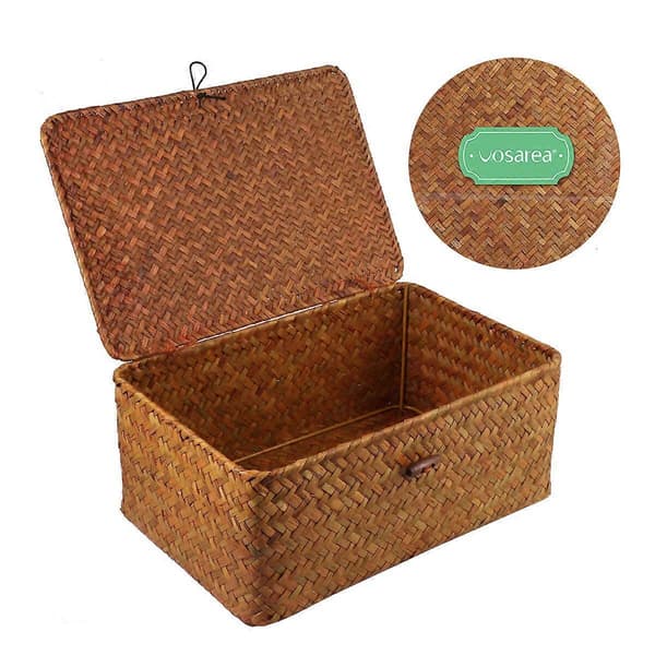 Vosarea 1 pc Seaweed Basket with Button Woven Basket Straw Woven Box Desktop Storage Box Hand-Woven Storage Basket - Size L