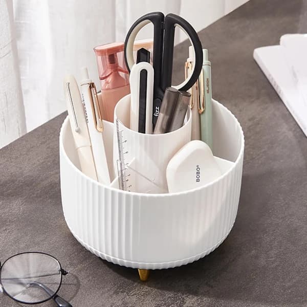 360 Rotating Pen Holder Desk Organizer with 5 Compartments ABS Storage Box for Home Office Makeup Accessories White White