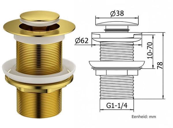 Brass Basin Waste Replacement Plug - Unslotted - Brushed Gold - Standard G 1 1/4\" BSP Connection - 1 Piece - Drain Plug - Basin Plug