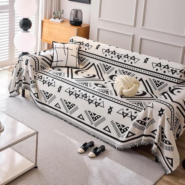 Vendbart sofabetræk Chenille Jacquard Geometrisk Boho Sofabetræk, Beige Sort Sofabetræk til sektionssofa Chic Møbelbeskytter 180x150_OF