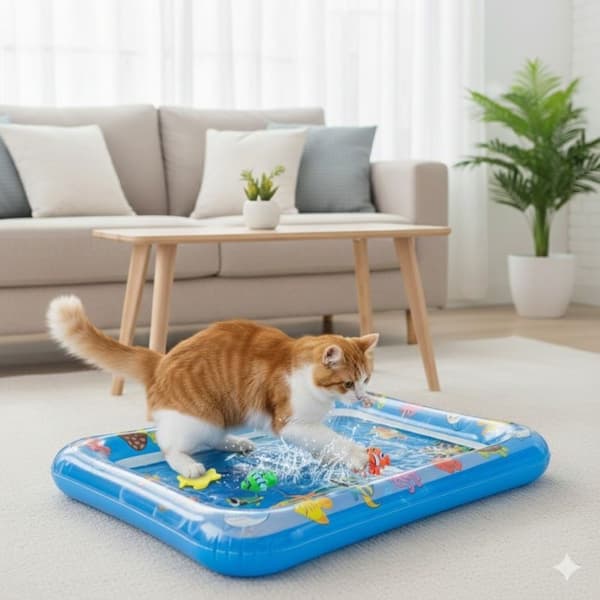 Anti-skrid katte-legetæppe med vandsensor, forfriskende pool til sommeren, sensorisk til katte, firkantet