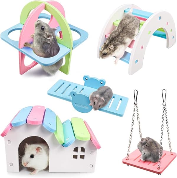 Dværg hamsterhus DIY Træ Gerbil Gemmested Regnbuebro Gynge