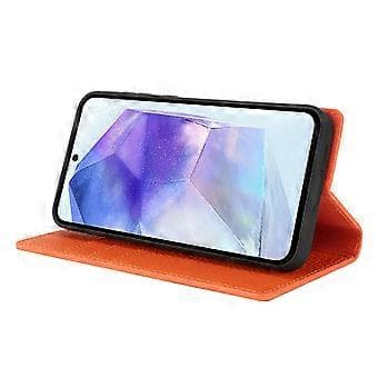 Plånboksfodral i äkta koläder med Litchi-textur för Samsung Galaxy S25 - Orange Orange