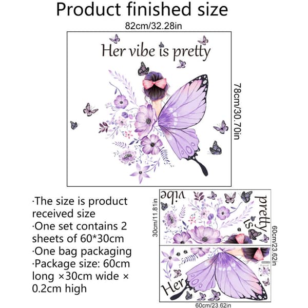 Perhosseinätarrat tytöille, violetit seinätarrat 30x60 cm