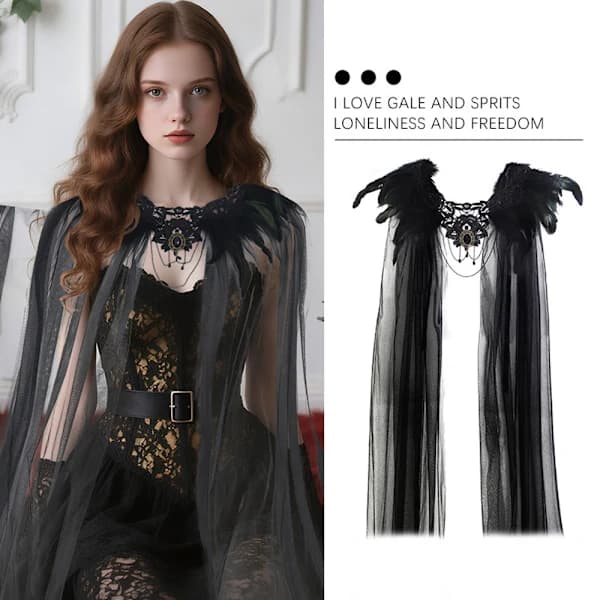 Gotisk fjer-kappe, sort transparent blanding af kunstig fjer-kappe, Halloween tyl-kappe