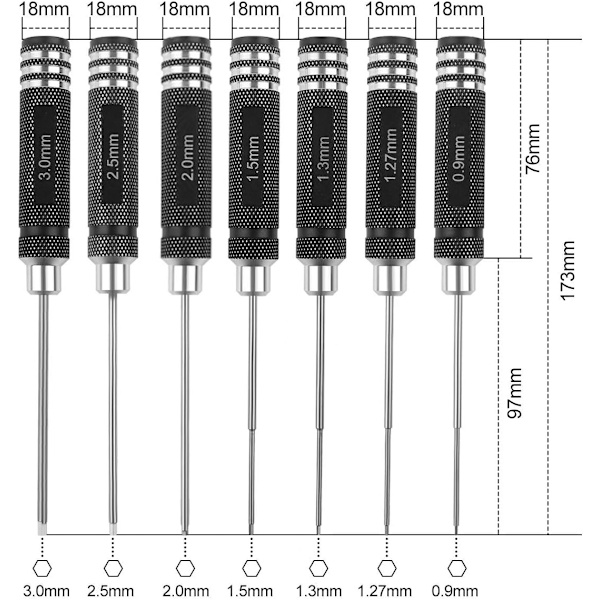 7-osainen kuusiokoloavain, RC-ruuvimeisselisarja (0,9 mm, 1,27 mm, 1,3 mm, 1,5 mm, 2,0 mm, 2,5 mm, 3,0 mm) RC-mallikopterille