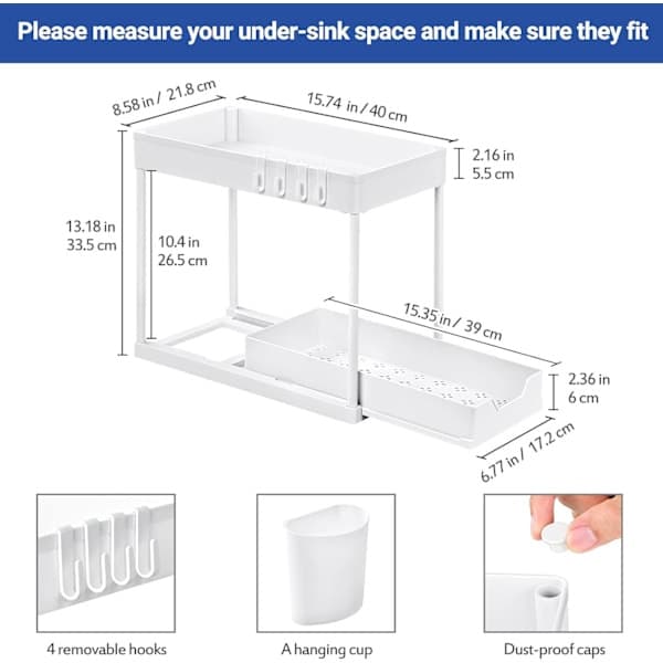 1-pack Kitchen Storage Under Sink, 2-Tier Under Sink Shelf with Pull-Out Drawer, Versatile Bathroom Storage Under Sink for Cou White White 1
