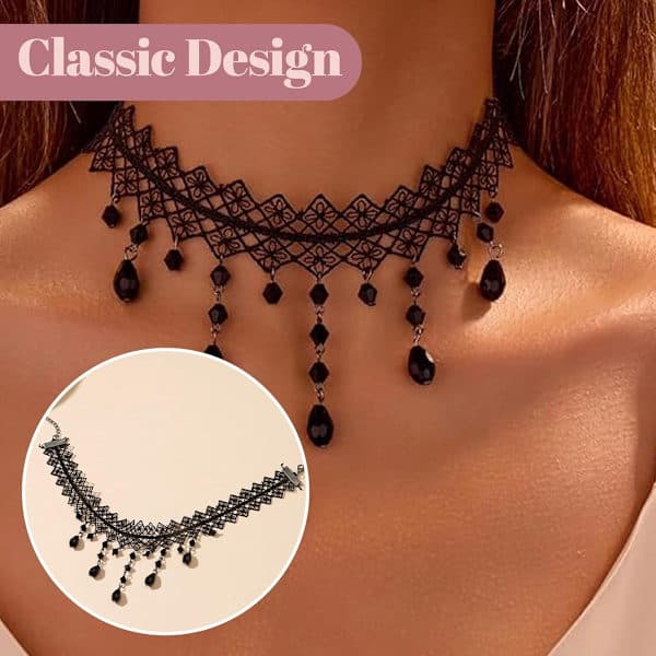 Gotiskt Chokerhalsband Svart Sammet Med Spets Justerbar