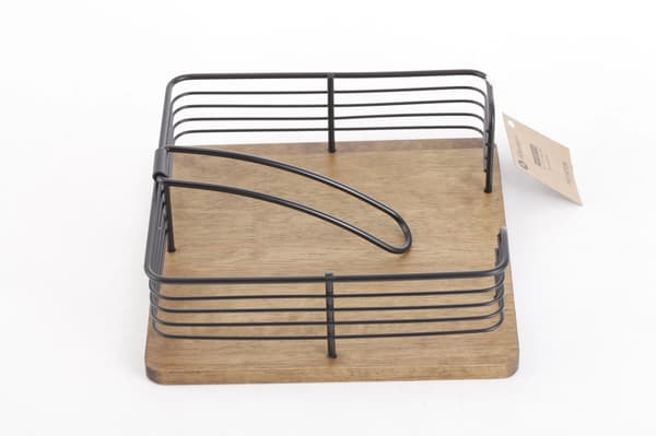 MODERN KITCHEN Servietholder i sort metal og gummitræ 19x19x7 cm