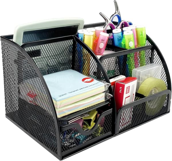 Black Metal Mesh Desk Organizer with Pull-Out Drawer