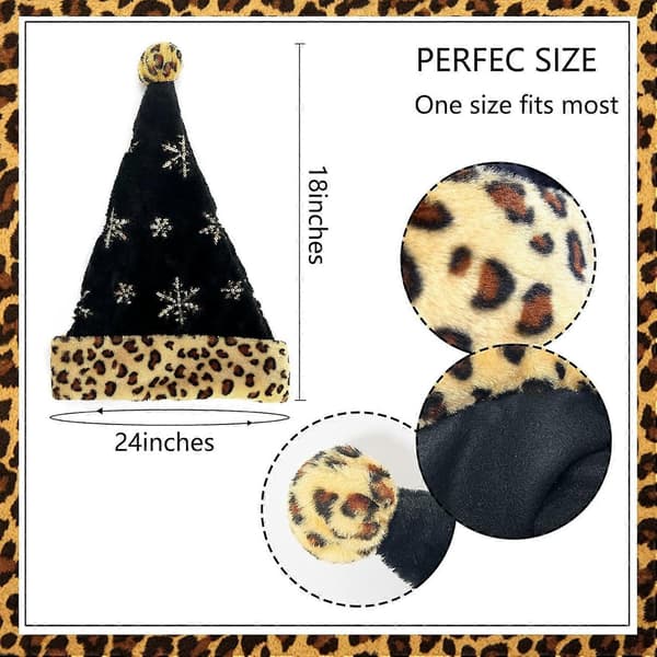 Black Santa Hat Leopard Print with Golden Snowflake Sequins