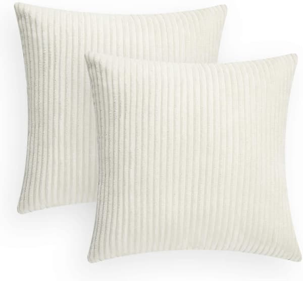 White Decorative Throw Pillow Covers Set 40x40 cm, Soft and Comfortable Ribbed Pillow Case, 2-Pack, Striped Decoration
