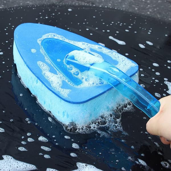 Triangular Sponge Brush with Handle, Wave Design, Car Wash Sponge, Car Wash and Drying Tool for Car Care, Blue