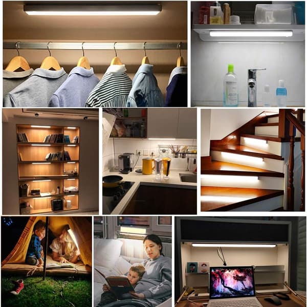 Sensor-Activated LED Wardrobe Lights, Wireless USB Rechargeable Battery Powered, 3 Modes, White 3-Pack