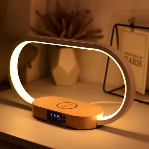 LED bedside lamp, 10W wireless charger and USB, dimmable touch, 3 brightness levels, modern table lamp with clock