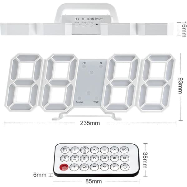 3D LED digital vægur med alarm, snooze, justerbart lys, 12/24 timer, dato & temperatur