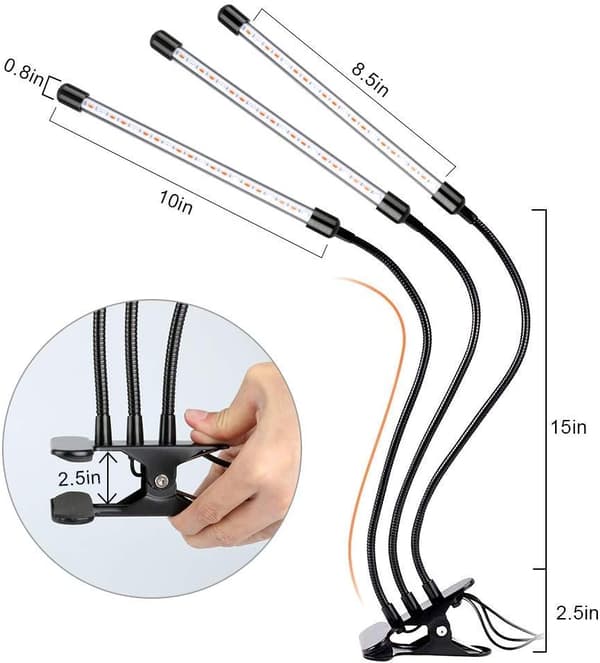 60 LED Vekstlampe Fullspektrum 3 Hoder Innendørs 3/9/12T Timer 3 Lysstyrkemoduser